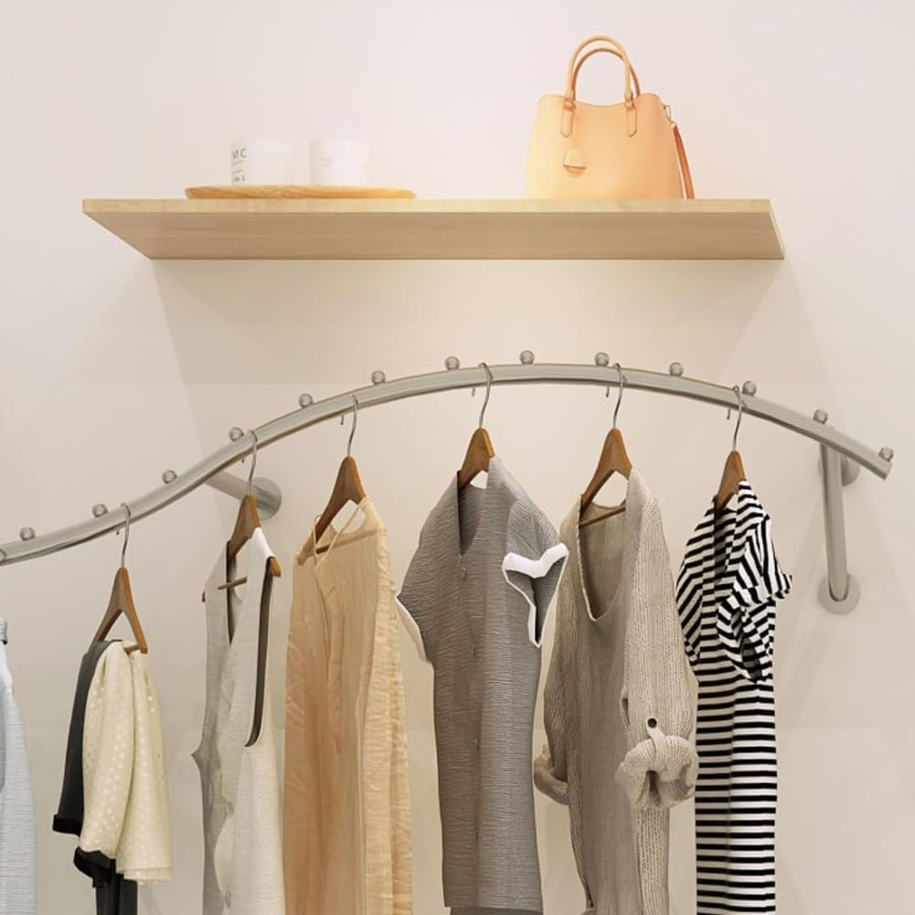 LXHELIVERY Gold Clothing Rack For Boutiques, Metal Clothing Store Display Stands Wall Mounted Retail Display Garment Rack For Clothes Stores And Commercial(Silver,120 cm)