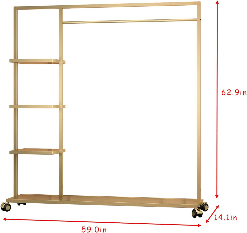 Gold Clothing Racks with Shelf, Boutiques Retail Display Gold Clothes Rack, Multiple Uses Heavy Duty Garment Rack for Hanging Rods for Home and Retail
