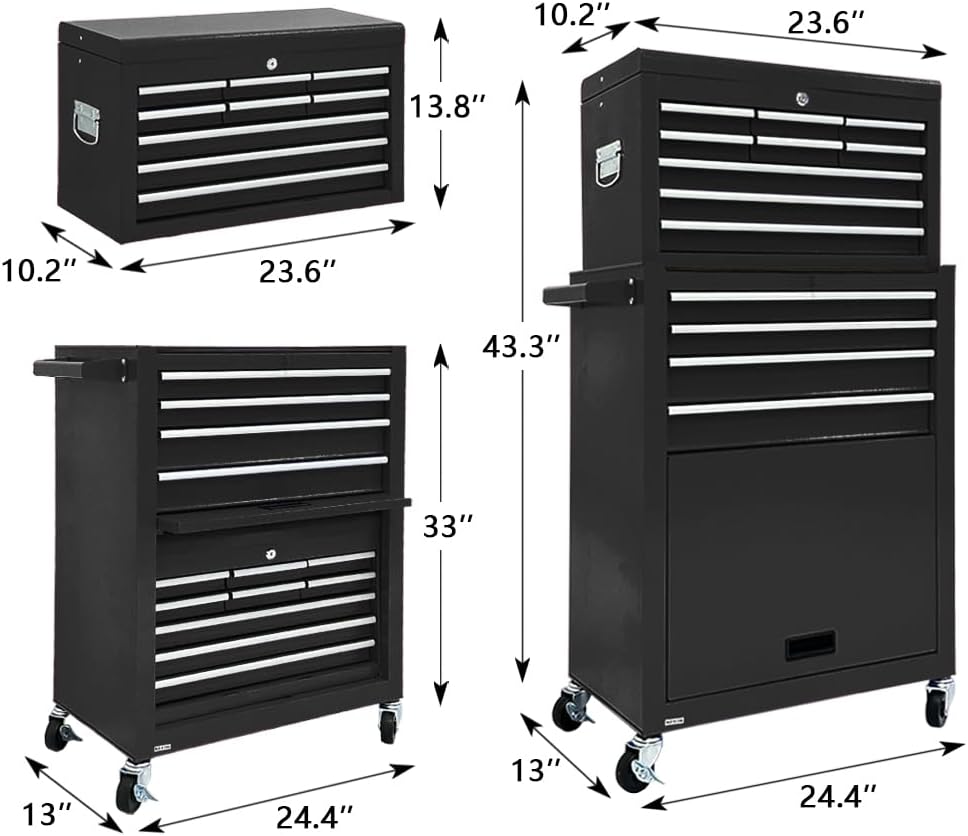 13-Drawer Rolling Tool Chest, 2-in-1 Heavy Duty Detachable Storage Cabinet with Lockable Wheels & Removable Top Box, 600 lbs Capacity for Mechanics, Garage Workshop (BLACK)