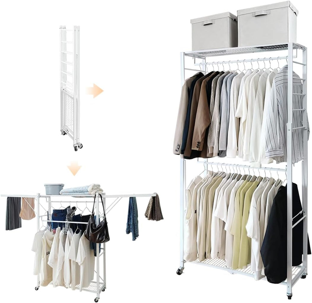 lumizone Folding Clothing Rack with Wheels Expandable Wardrobe Portable Clothes Rack for Hanging Clothes Adjustable Closet Shelves Garment Rack Durable Closet Racks for Hanging Clothes (Pro White)