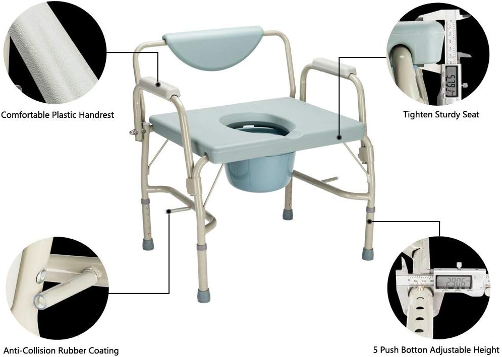 Heavy Duty 550 lbs Medical Bedside Commode Chair, Adjustable Height Toilet Seat with Steel Frame, Tool-Free Assembly, 6 Quart Capacity Pail, Homecare Safety, Blue Grey