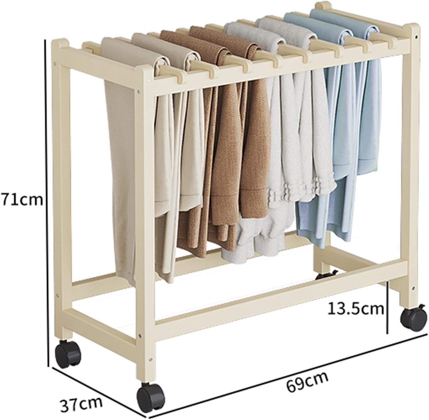 Natural Wood Rolling Garment Rack with Wheels – Freestanding Metal Closet for Skirts, Scarves & Jeans – Perfect for Bedroom & Laundry Room Organization