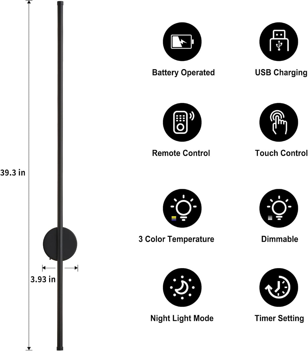 Battery Operated Modern Wall Sconces, Dimmable Wireless Wall Light Set of Two with Remote Control, 3 Color Temperatures, Rechargeable LED Wall Sconce for Bedroom, Living Room, Hallway, 39.3 Inch Black