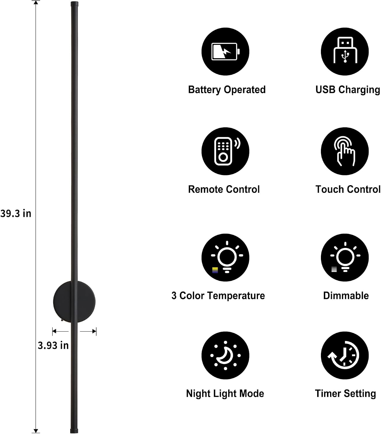 Battery Operated Modern Wall Sconces, Dimmable Wireless Wall Light Set of Two with Remote Control, 3 Color Temperatures, Rechargeable LED Wall Sconce for Bedroom, Living Room, Hallway, 39.3 Inch Black