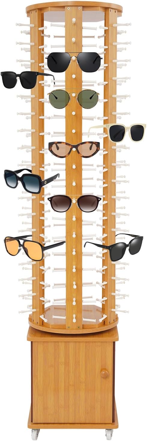 Sunglasses Display Rack, 108 Pairs Glasses Rack, 360° Rotating Eyeglasses Storage Organizer, Floor-standing Eyewear Holder, Glasses Display Stand with Storage Cabinet & Wheels, Wood Color