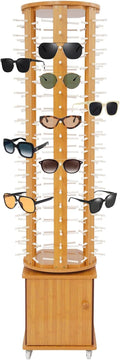 Sunglasses Display Rack, 108 Pairs Glasses Rack, 360° Rotating Eyeglasses Storage Organizer, Floor-standing Eyewear Holder, Glasses Display Stand with Storage Cabinet & Wheels, Wood Color