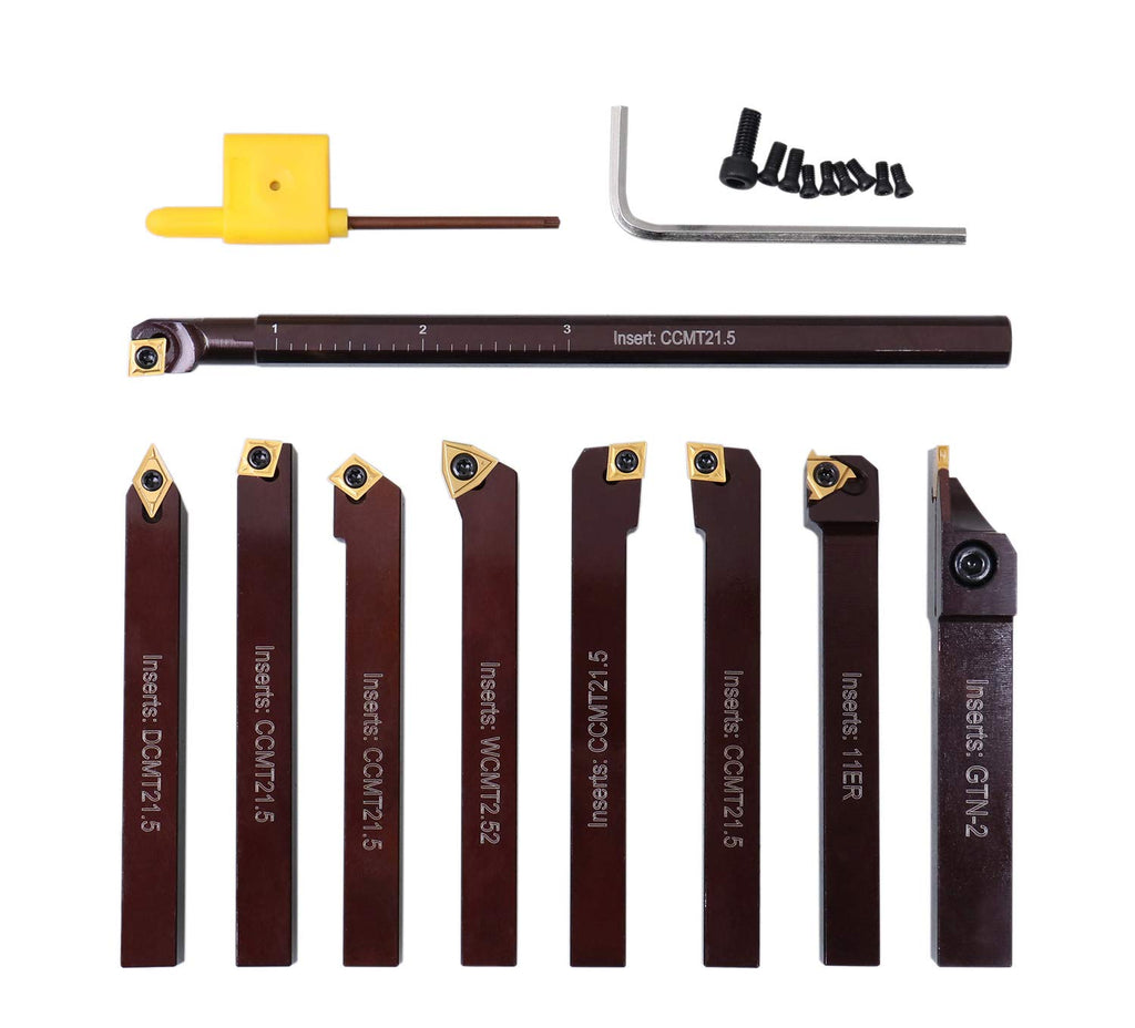 Accusize Industrial Tools 3/8' 9 Pieces/Set, Indexable Carbide Turning Tools and Boring Bar, 2988-0038 | 3/8' Shank 9pc Indexable Carbide Turning Tool & Boring Bar Set, C6 Grade Carbide TiN-Coated Inserts for Cutting Steel