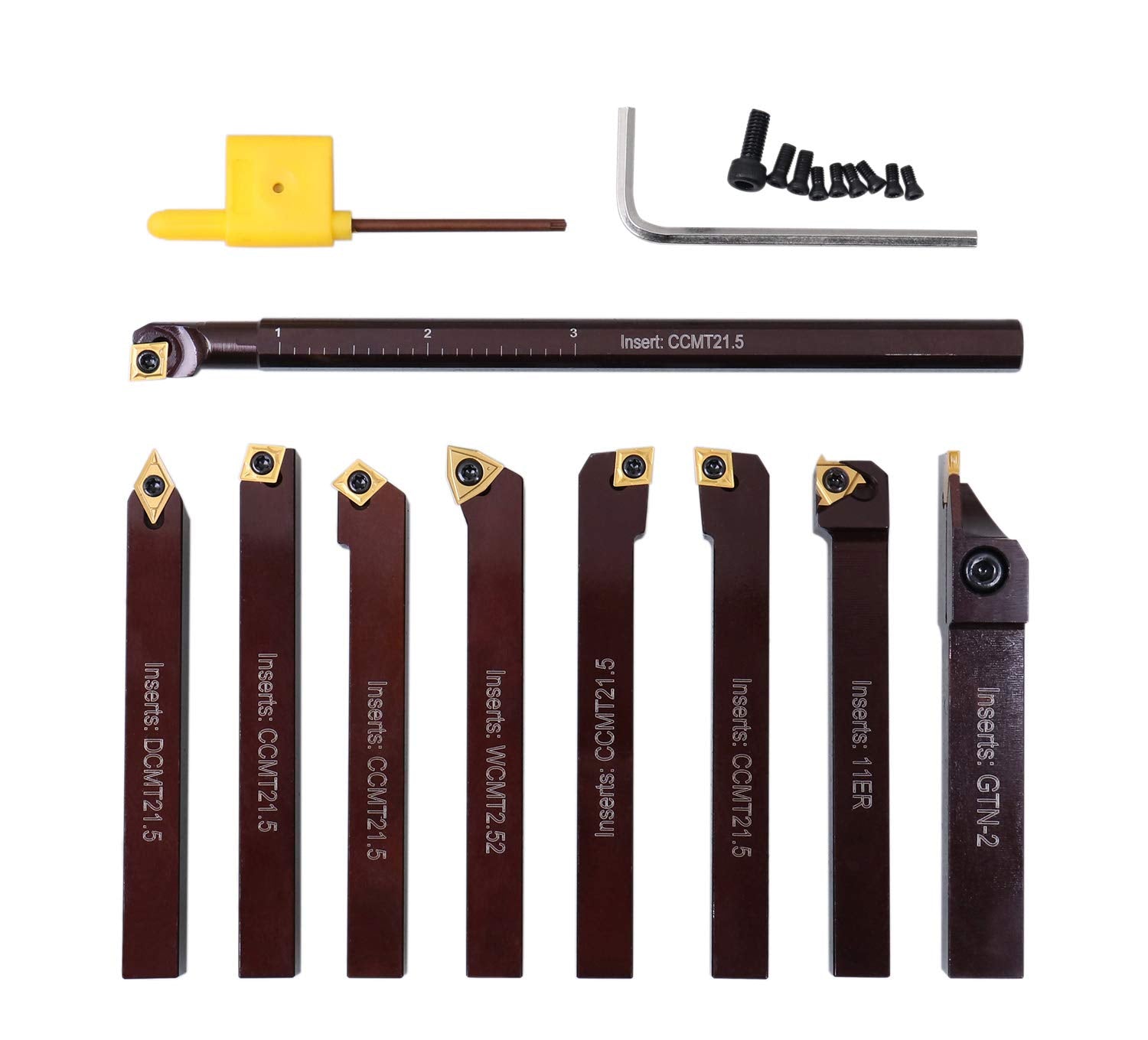 Accusize Industrial Tools 3/8' 9 Pieces/Set, Indexable Carbide Turning Tools and Boring Bar, 2988-0038 | 3/8' Shank 9pc Indexable Carbide Turning Tool & Boring Bar Set, C6 Grade Carbide TiN-Coated Inserts for Cutting Steel