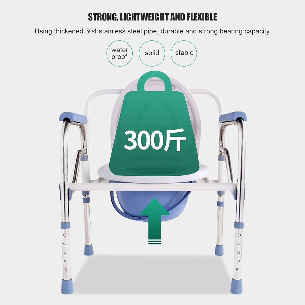 Heavy-Duty Bedside Commode, Portable Foldable Toilet Chair, Extra-Wide Seat, Pail Fits Standard Disposable Liner Bag, for Adults, Elderly, Bariatric Patients Leatherseatboard