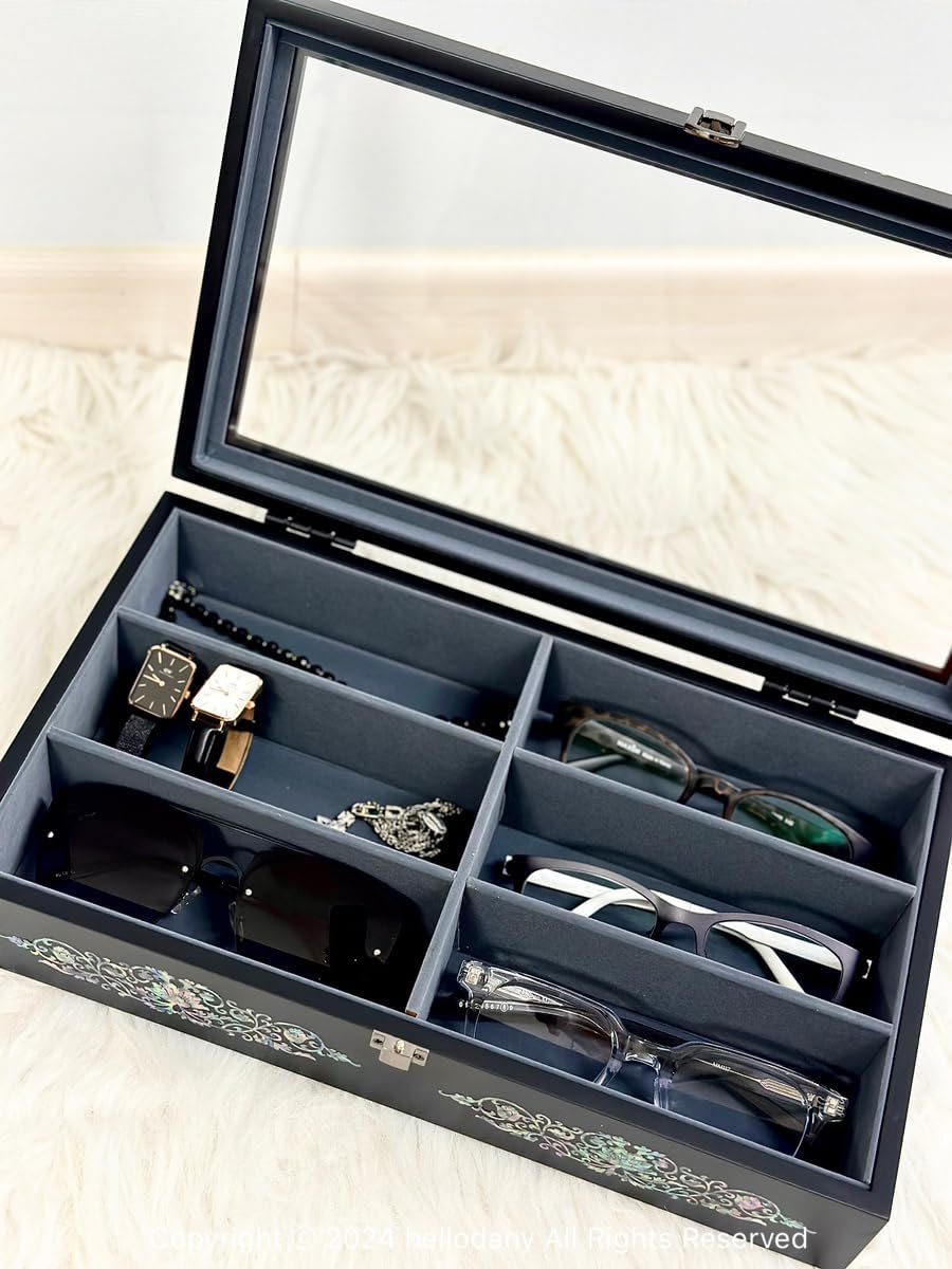 Mother of Pearl Wood Sunglasses Box Eyeglasses Valet Display Storage Case for Glasses, Watches, Jewelry, Trinkets Wooden Accessory Organizer Gift (Arabesque Black)