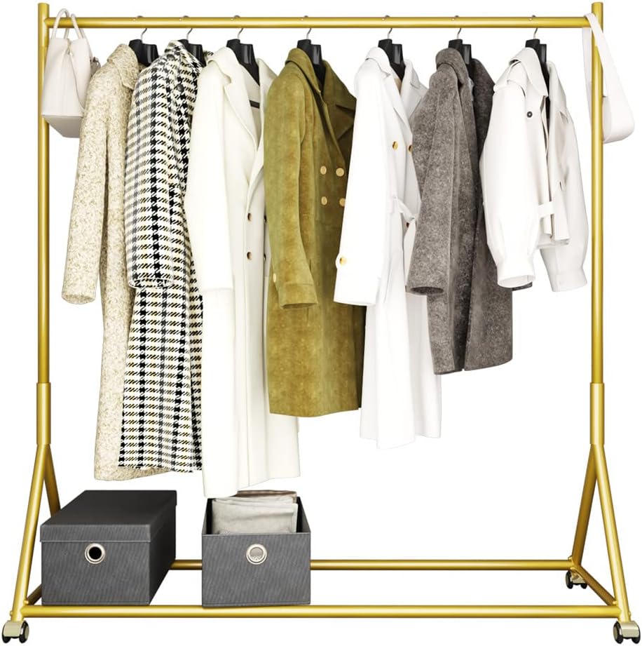 DR.IRON Modern Gold Clothing Racks Rolling Clothes Rack for Hanging Clothes Heavy Duty Metal Garment Rack Perfect for Home or Cloth Store(Gold)