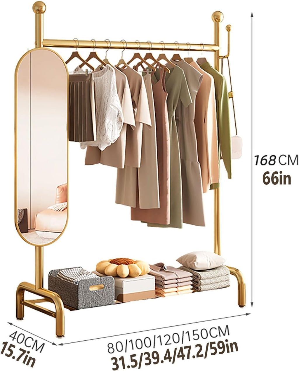 Metal Clothing Rack With 360° Rotating Mirror,Rolling Clothes Rack For Hanging Clothes,Garment Rack With Shelves, Portable Closet Organizer On Wheels For Hanging Clothes(Black,80cm/31.5in)