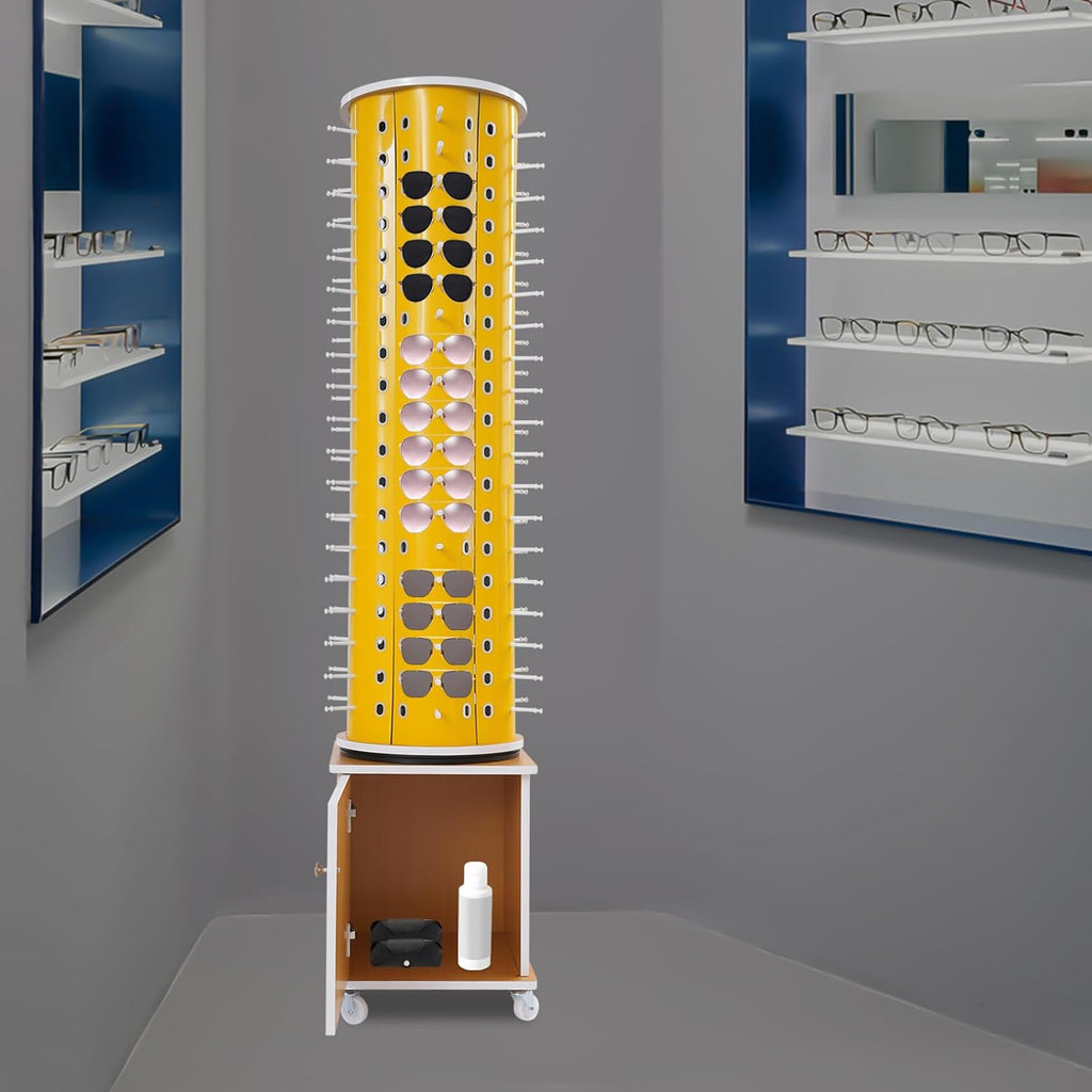 Glasses Display Stand, 114-Pair Eyewear Storage Rack for Sunglasses & Reading Glasses, 360°Swivel Commercial Eyeglass Organizer for Optical Shop, Jewelry Store, Retail Display (Yellow)