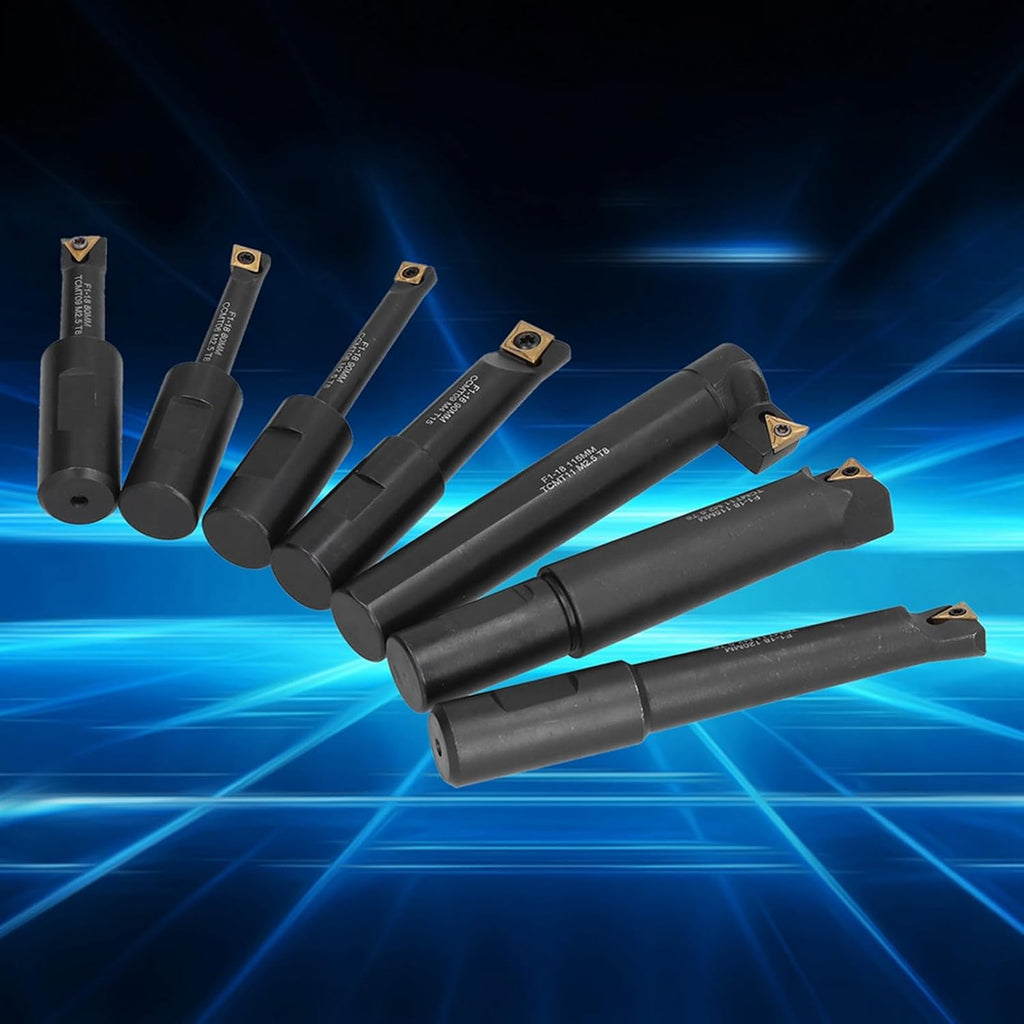 7Pcs Boring Tool Set, Indexable Cemented Carbide Turning Bar Holder, Round Shank Boring Bar for Lathe and Boring Machine, F1-18 with Wood Block Storage