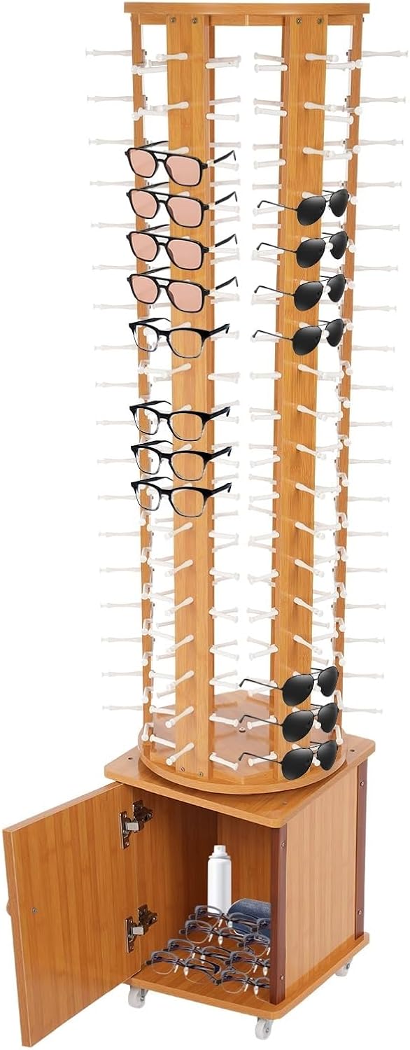 108 Pairs Wood Sunglass Display Rack with 4 Swivel Wheels, Floor-Standing Eyewear Storage Organizer, Commercial Hanging Rack,Light Brown