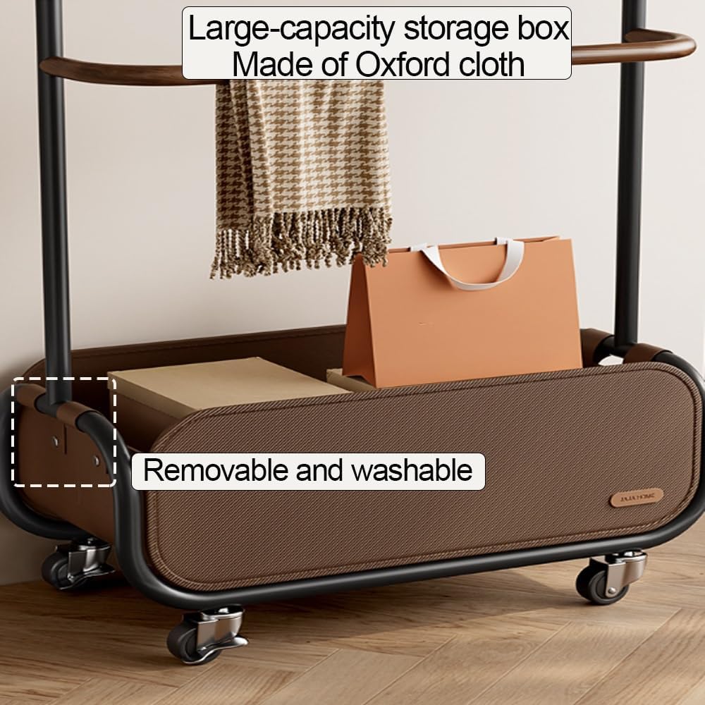 Clothes Rack with Double Rod, Garment Rack with Oxford Cloth Storage Basket, Rolling Laundry Cart, Coat Rack Freestanding with Wheels for Living Room, Bedroom(White,80cm-31.5cm)