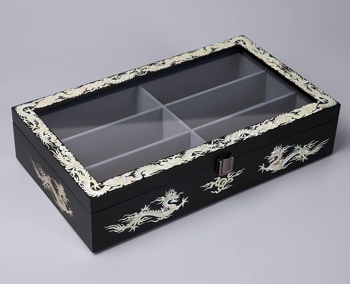 Antique Alive Mother of Pearl Inlay Design Jewelry Box, Wood Jewelry Box, Trinket Case, Keepsake Treasure Chest Box Organizer Holder (Dragon Black)