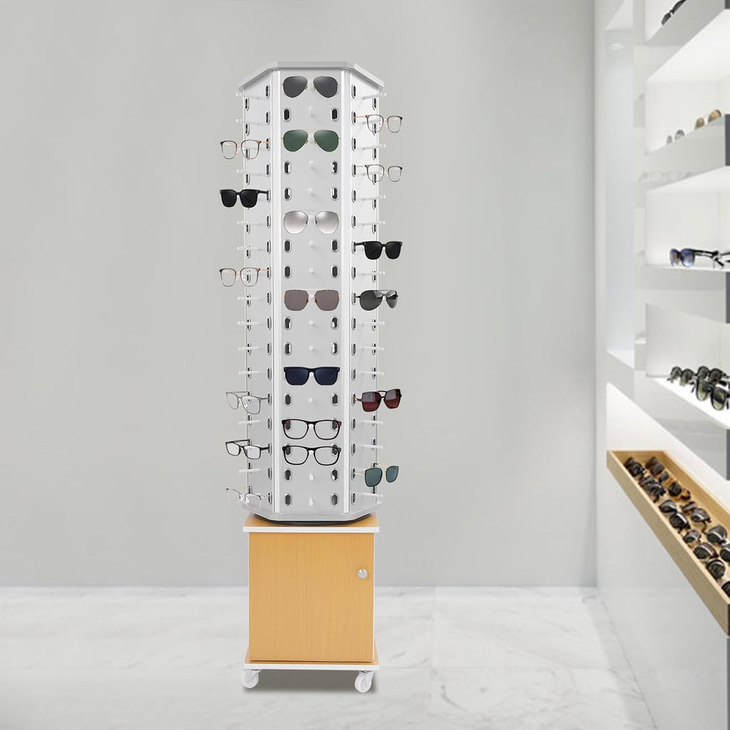 102 Pairs Rotating Glasses Display Stand, Eyewear Storage Organizer with Cabinet & Wheels, Commercial Sunglasses Display Rack, Optical Shop Glasses Holder (Silver+Yellow)