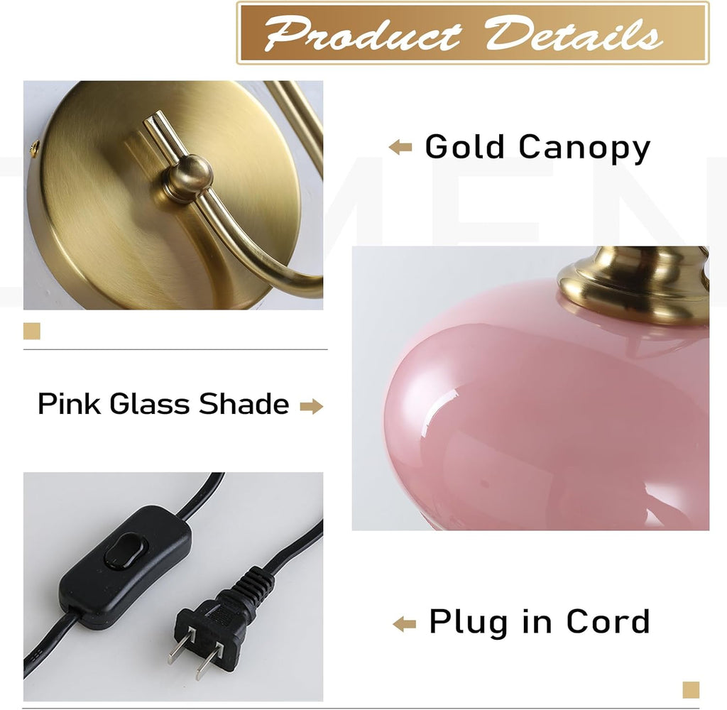 KCO Lighting Modern Pink Glass Wall Light Set of 2 Plug in Antique Brass Wall Sconce Pink and Gold Wall Sconces Bathroom Vanity Light Fixtures Plug in