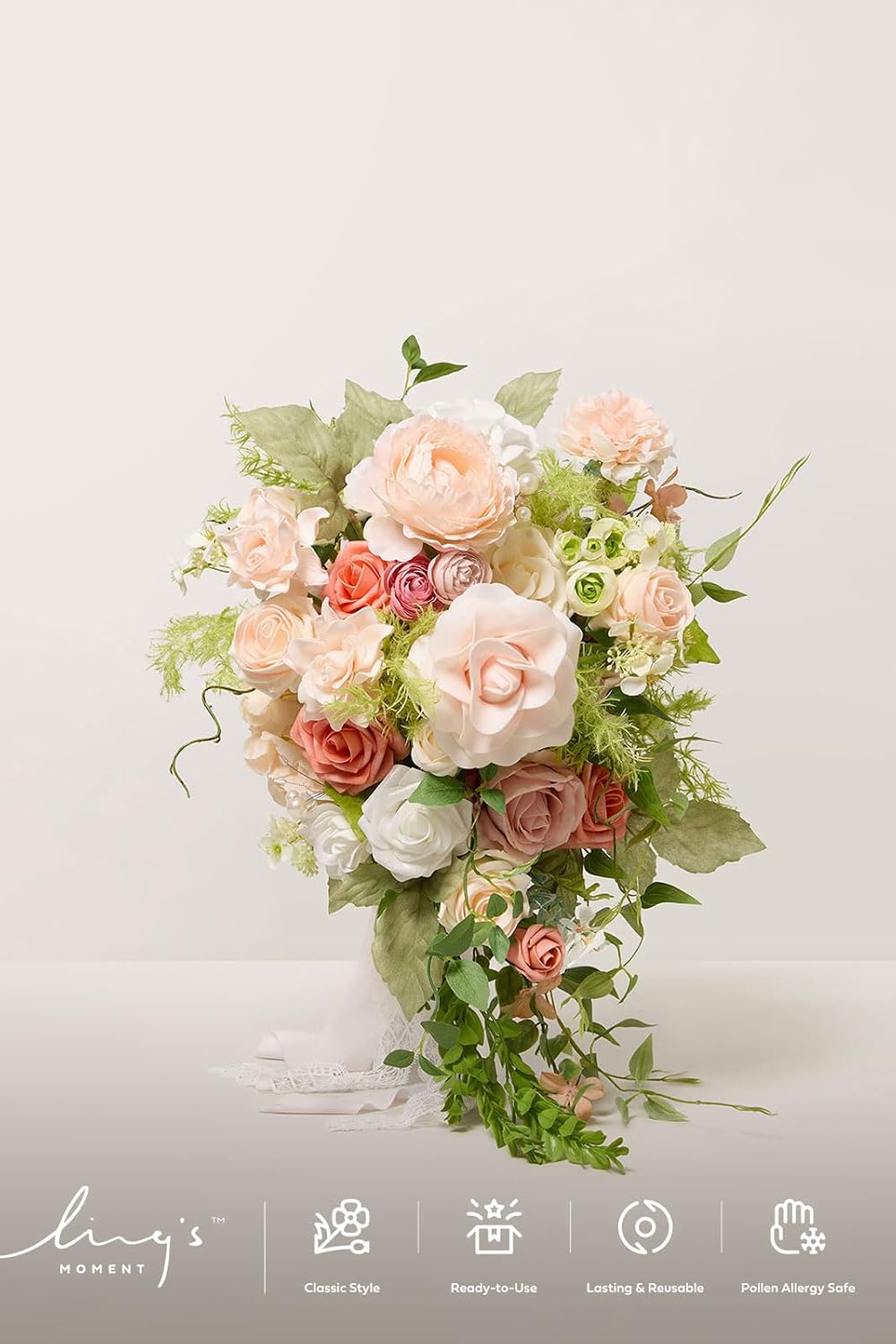 Ling's moment Wedding Artificial Flowers Package, Bridal Bouquet, Bridesmaid Bouquets, Boutonniere for Men, Rose Petals.Peach Smoothie Blush