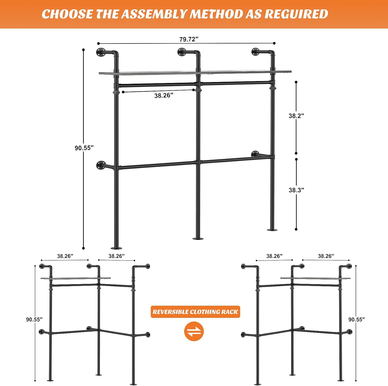 Aheaplus Industrial Pipe Clothing Rack, Reversible 79.7'' Clothes Rack for Hanging Clothes, Heavy Duty Garment Racks Closet Wardrobe Racks with LED Lights& Shelves, Walk-in Closet System, Black Oak