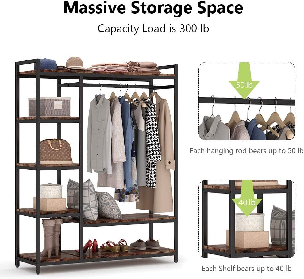 LITTLE TREE Free Standing Wood Closet Clothes Rack,Heavy Duty Grament Rack with Shelves,Hanging Racks for Clothes Clothing Rack for Bedrom,Wardrobe Closet Organizer,350 lb Capacity,Rustic