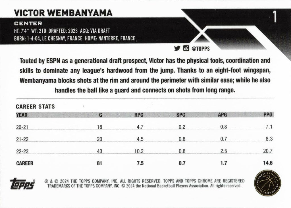 2023-24 Topps Chrome Basketball #1 Victor Wembanyama Rookie Card
