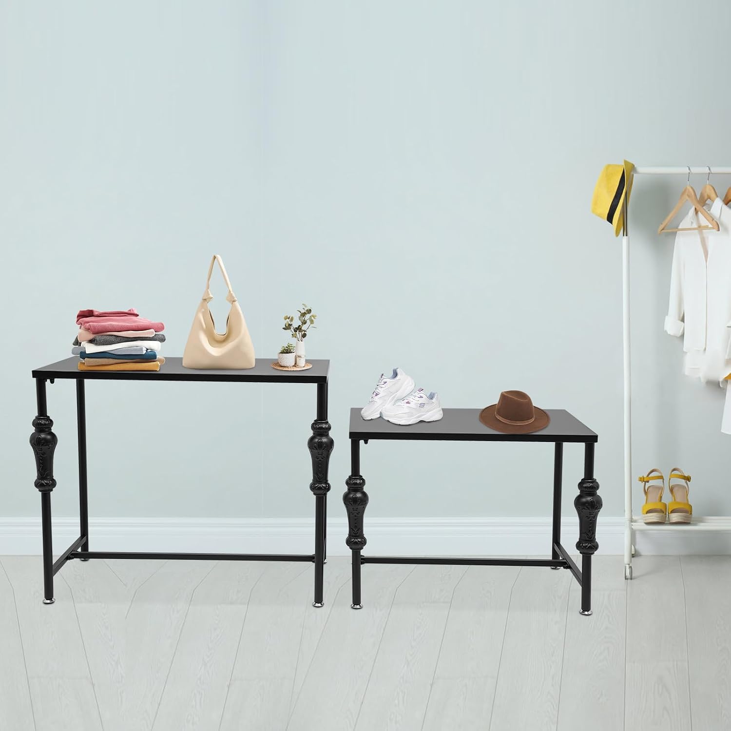 Standing Clothing Shoes Display Rack, 2 Tier Retro Unit Storage Shelves，Metal Handbag Display Stand, Industrial Retail Display Tables with Adjustable Feet, for Retail & Clothing Stores