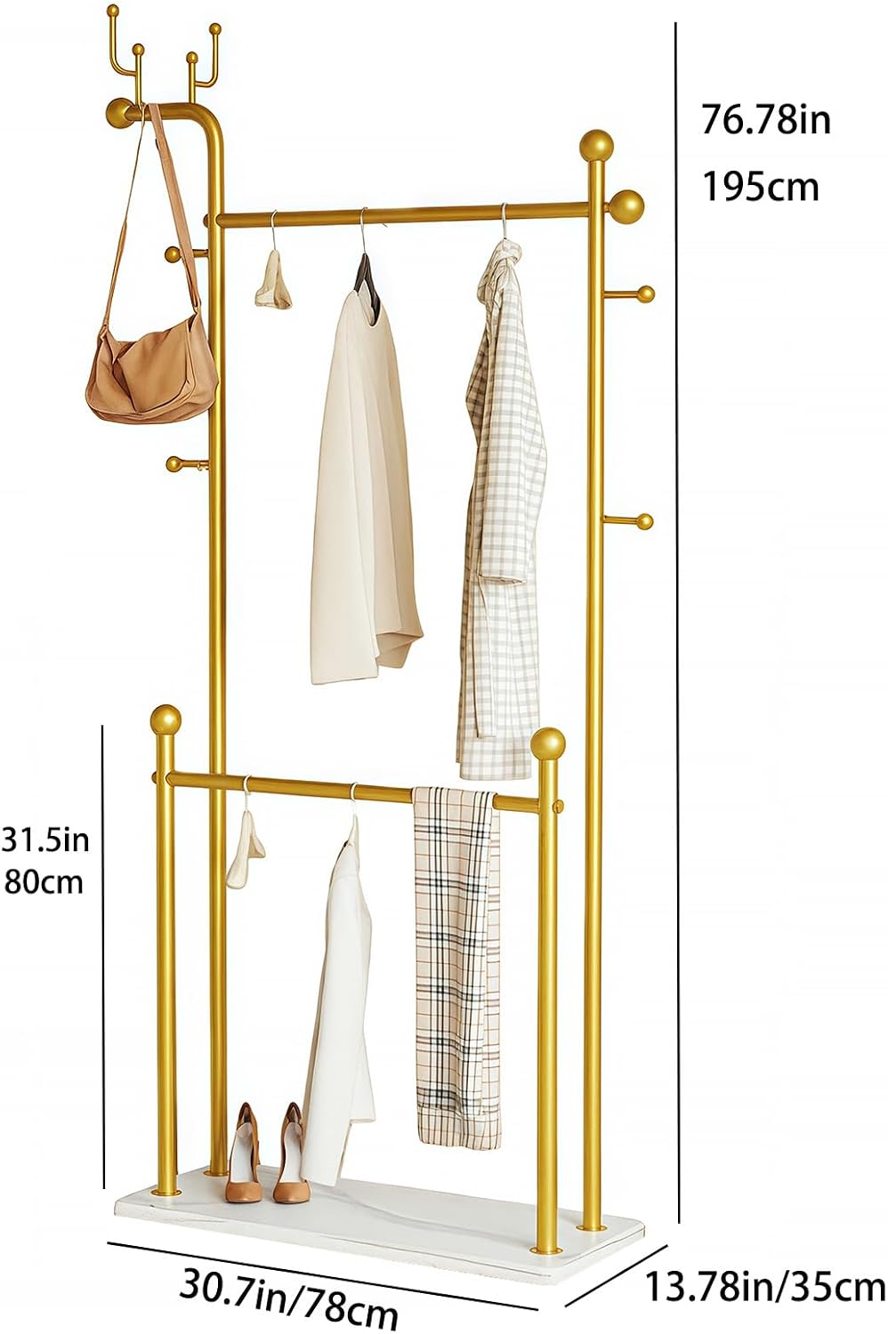 Gold clothing rack marble base,Heavy Duty Clothes Rack for Hanging Clothes,Double Rail Garment Rack with Hooks for Home Retail Boutique (gold)
