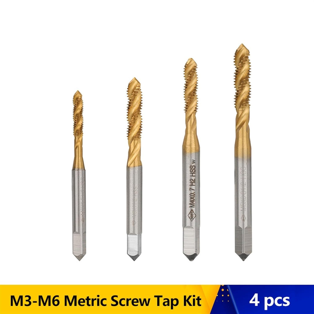 Taps Set - 4pcs Spiral Pointed HSS Tapping Thread Forming Drill Bits M3 M4 M5 M6 TiN Coated Metric Screw Tap Kit