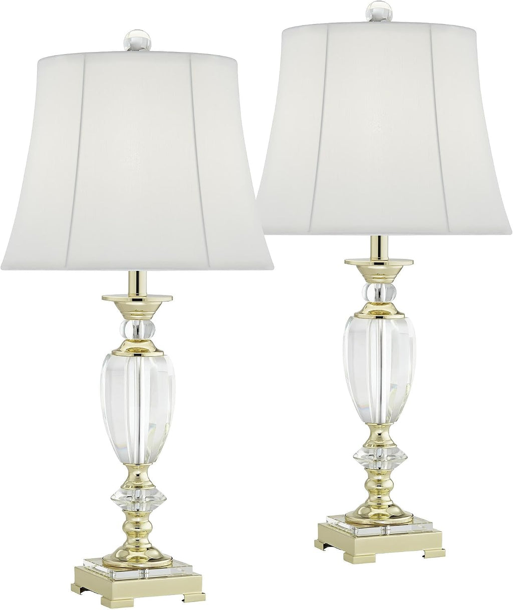 Vienna Full Spectrum Traditional Table Lamps 28 3/4' Tall Set of 2 Brass Clear Faceted Crystal White Fabric Bell Shade Decor for Living Room Bedroom House Bedside Nightstand Home Office Family