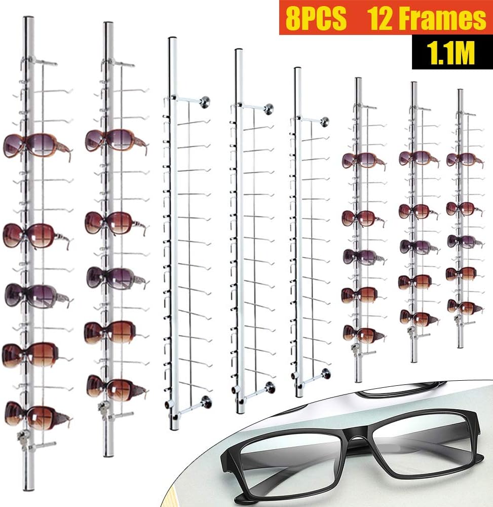 8 Pcs Aluminum Eyeglass Display Rod with Lock, Wall Mount Sunglasses Display Stand Holder Organizer for Optical Store & Home Use (43.3 Inch, Hold 12 Frames)