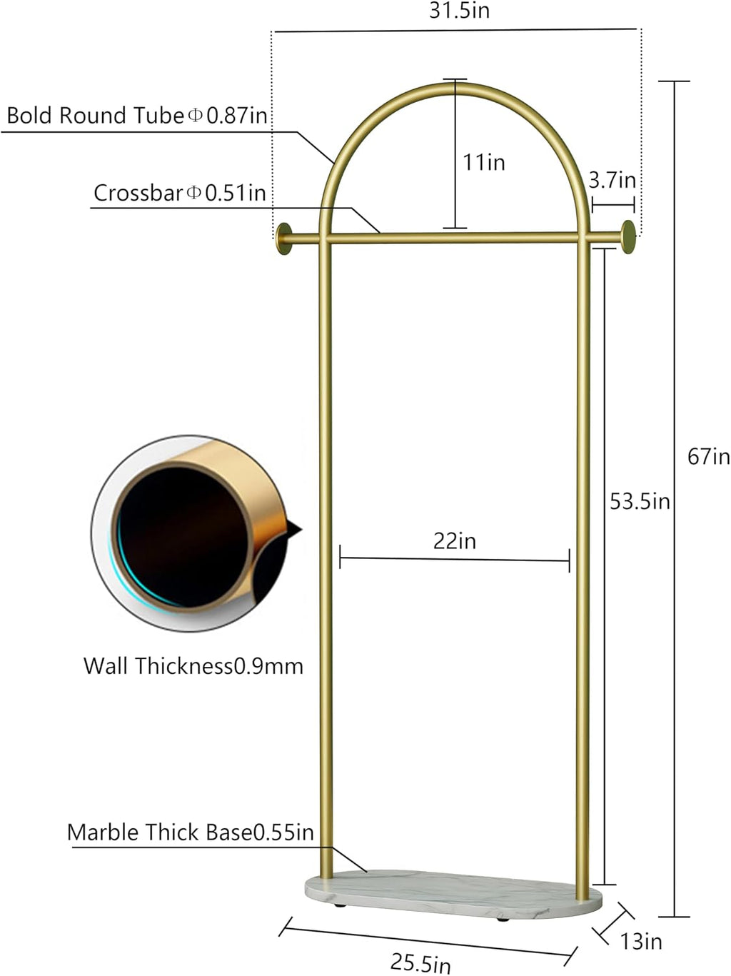 HKaikzo Gold Clothing Rack with Real Marble Base – 67' Freestanding Garment Display Stand, Holds 150+ lbs, Modern Metal Coat Rack for Boutique Store, Entryway, Bedroom & Small Spaces