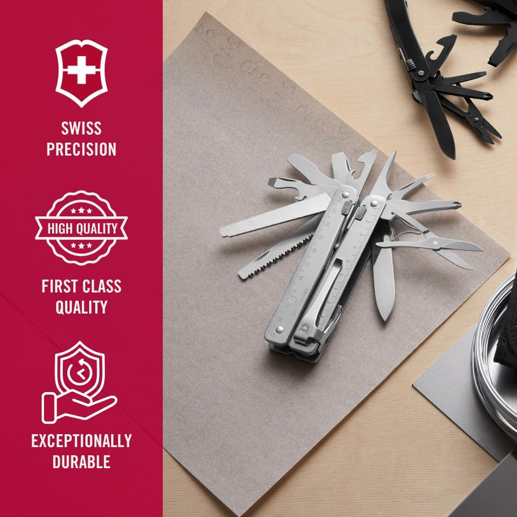 Victorinox Swiss Tool Swiss Army Knife, 24 Function Swiss Made Multi-Tool with Needle-Nose Pliers, Wire Cutters and Large Blade - Silver