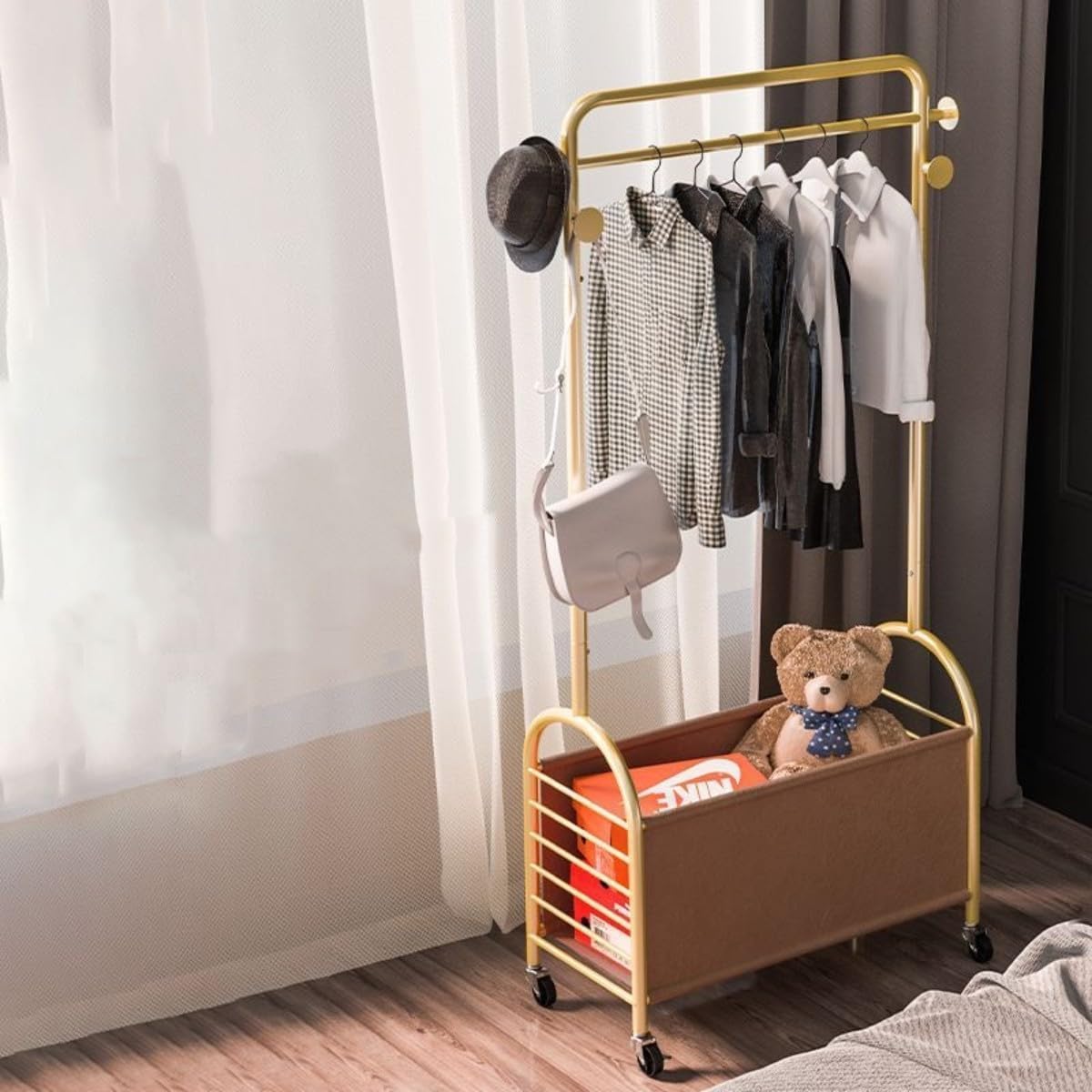 Clothes Rack Gold,Freestanding Coat Rack Modern Rolling Garment Rack with Wheels and Bottom Shelves,Metal Tree Hat Coat Hanger Floor Free Standing Wall Bedroom Easy Assembly (golden,80cm)