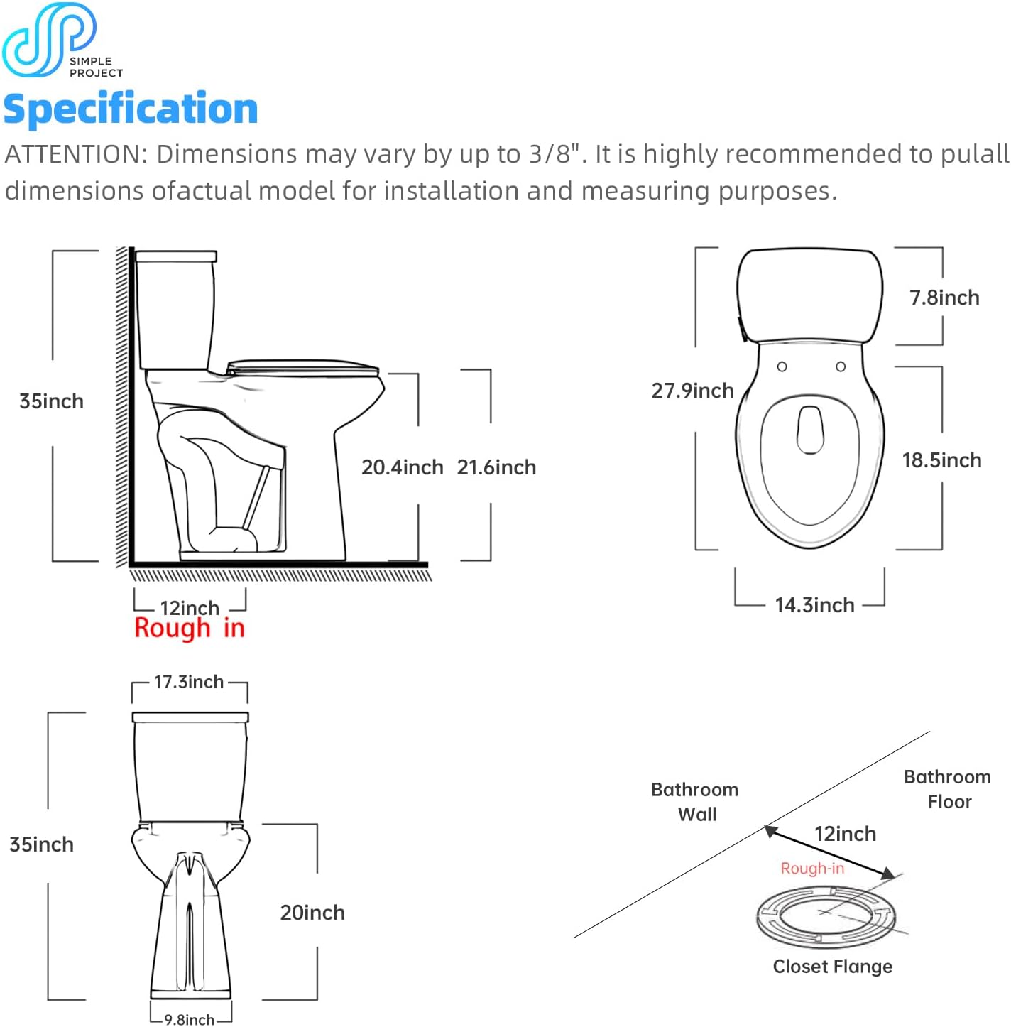 Simple Project Tall Toilet for Seniors 21 inch Extra High Toilets, Comfort Bowl Heigh 21', Seat Height 22', Two-Piece Toilet 1.28GPF Powerful, 12 Inch Rough-in, Black Color, Ada Toilets for Bathroom