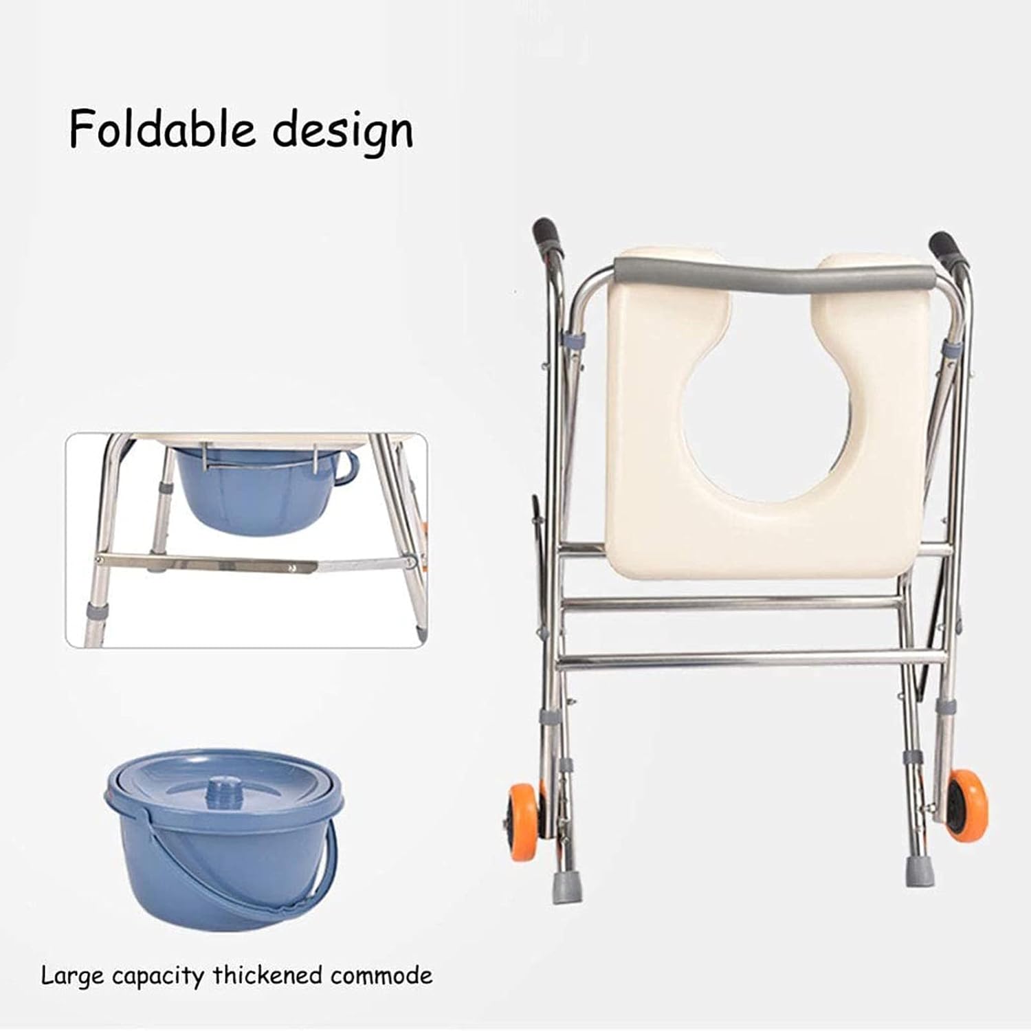Commode Chair, Folding Commode Seat Foldable Toilet Chair Heavy-Duty Steel Commode Toilet Chair Bedside Drop-Arm Commode Chair Height Adjustable with Wheels