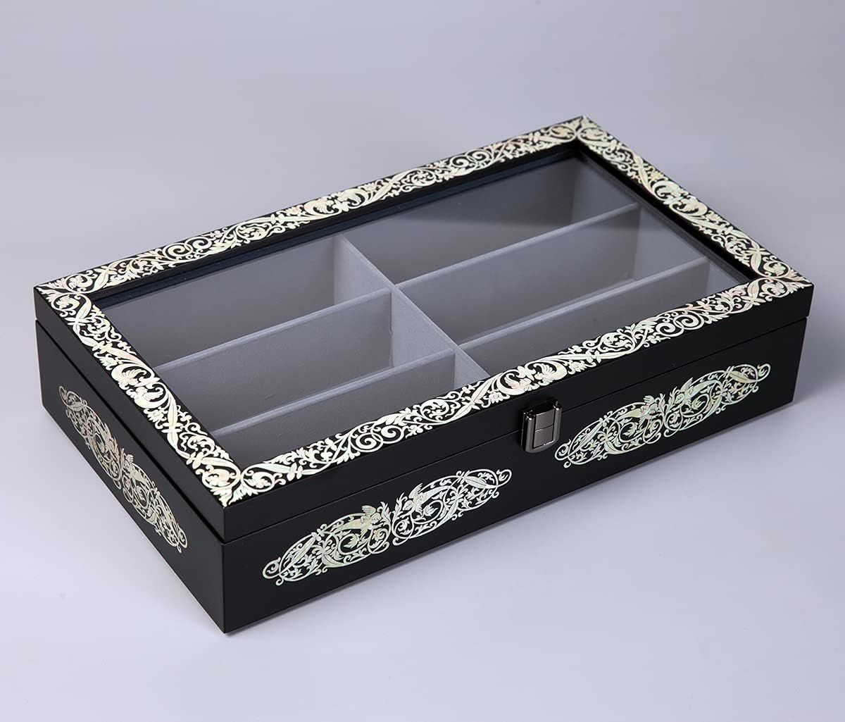 Antique Alive Mother of Pearl Wood Sunglasses Box Eyeglasses Valet Display Storage Case for Glasses, Watches, Jewelry, Trinkets Wooden Accessory Organizer Gift (Archangel Glass Black)