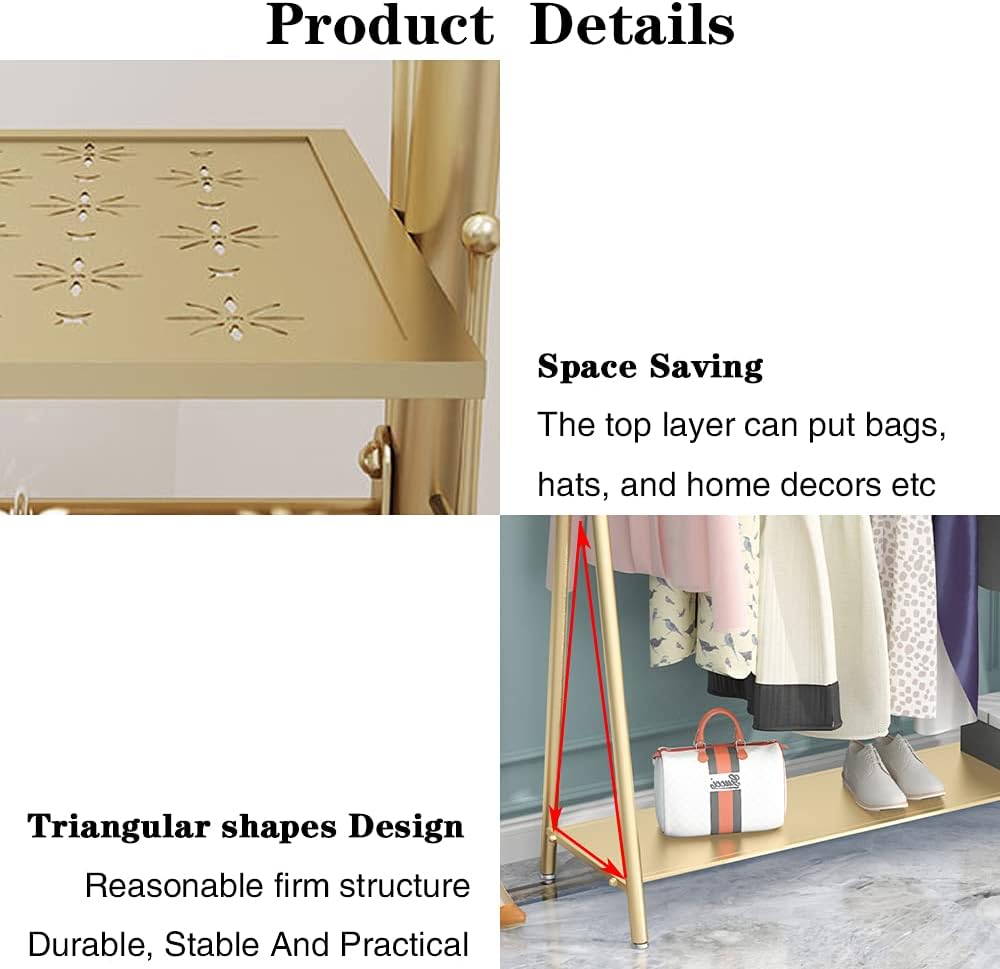 Freestanding Industrial Gold Clothes Rack with Double Shelves, Heavy Duty Movable Coat Rack for Organizing Clothes and Shoes (47'' L)