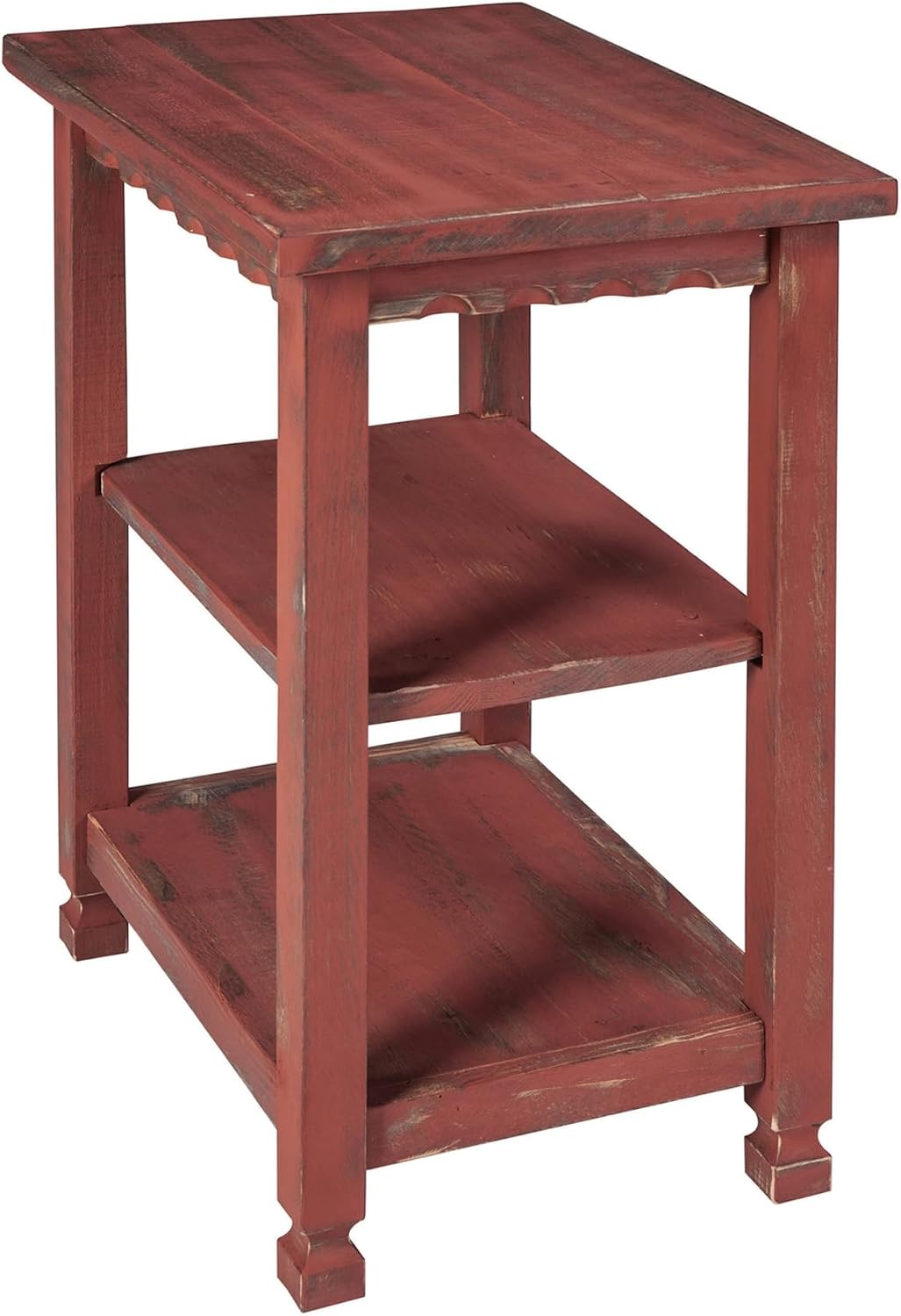 Alaterre Furniture Country Cottage Rustic Farmhouse Nightstand – 3-Tier Narrow End Table with Weathered Faded Finish, Carved Edges, & Turned Legs (Distressed Antique Red)