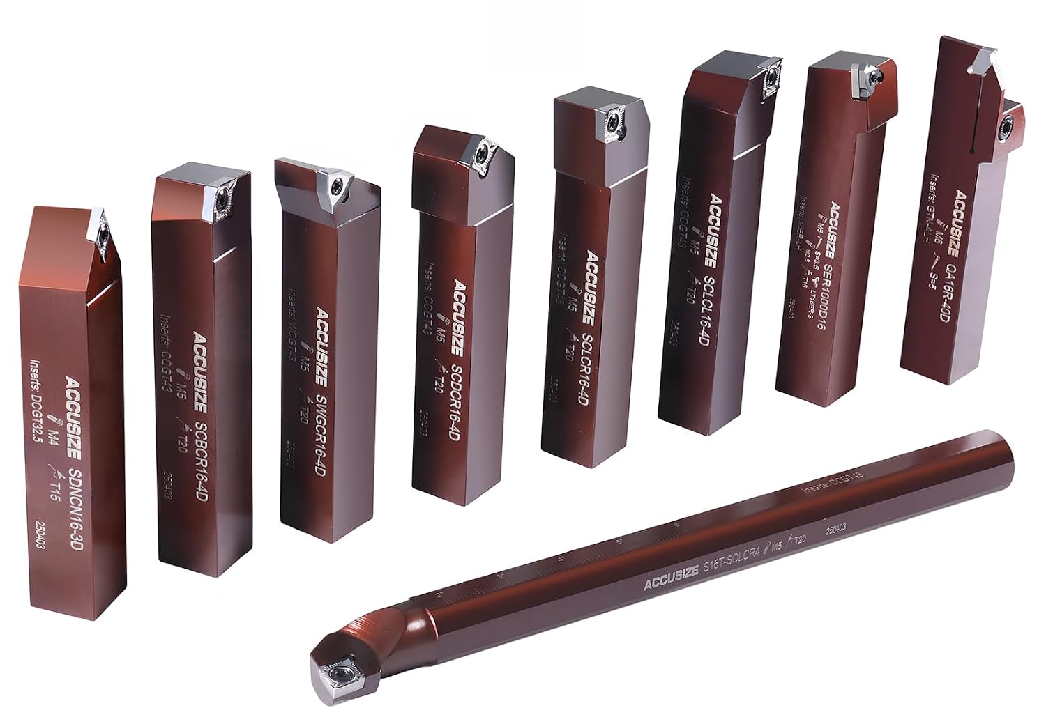Accusize 1' Shk 9-Pc Indexable Turning & Boring Set for Aluminum, 3988-0001 | Uncoated Sharp-Edge Carbide Inserts for Aluminum, 9-Piece Indexable Turning and Boring Set
