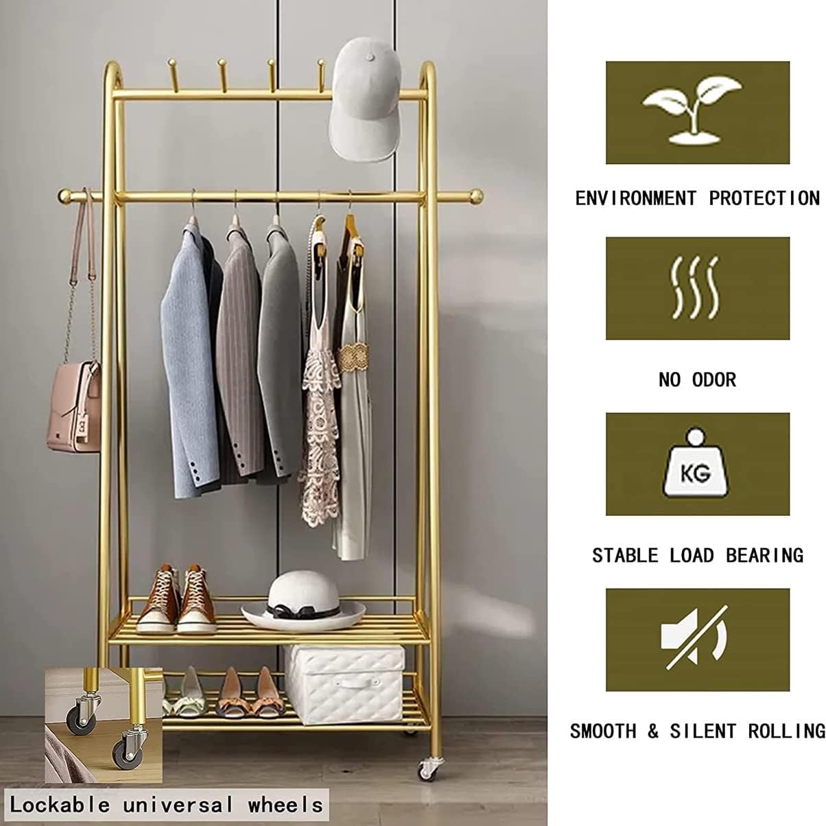 Exquisite Clothes Rail Rack Freestanding Coat Rack Clothes Rack Gold Rolling Garment Rack with Wheels and Bottom Shelves Wardrobe Closet for Boutique Display/60cm