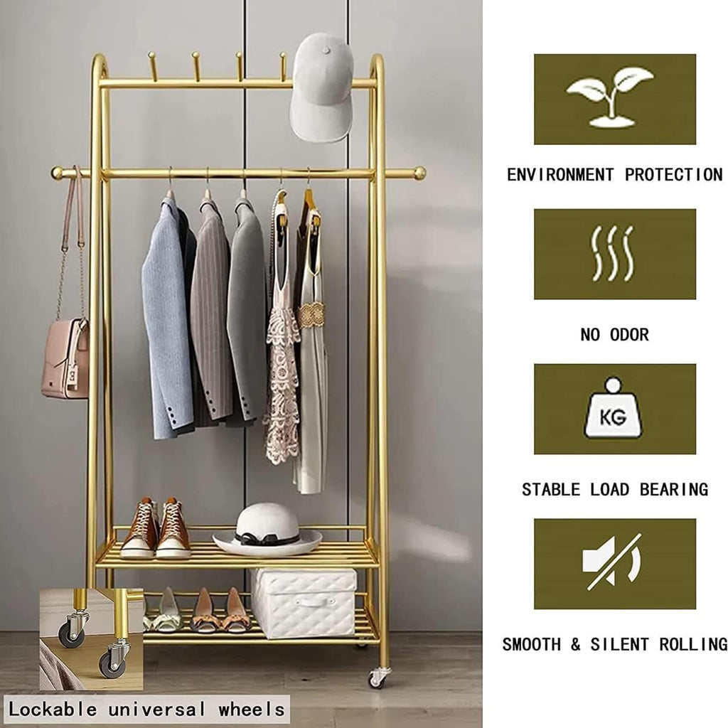 Exquisite Clothes Rail Rack Freestanding Coat Rack Clothes Rack Gold Rolling Garment Rack with Wheels and Bottom Shelves Wardrobe Closet for Boutique Display/80cm