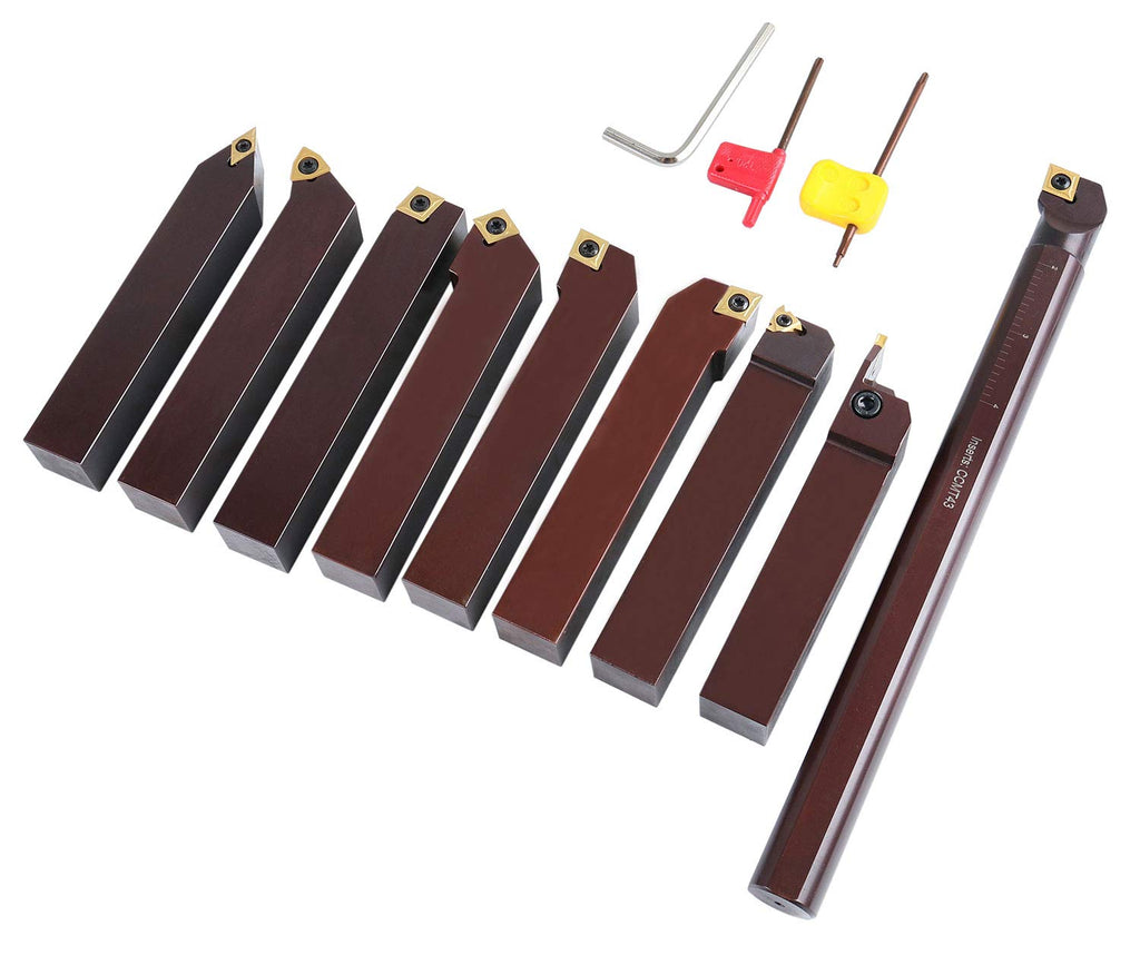 Accusize Industrial Tools 1' 9 Pieces/Set, Indexable Carbide Turning Tools and Boring Bar, 2988-0001 | TiN-Coated C6 Carbide Inserts for Steel, 9-Piece Indexable Turning and Boring Set