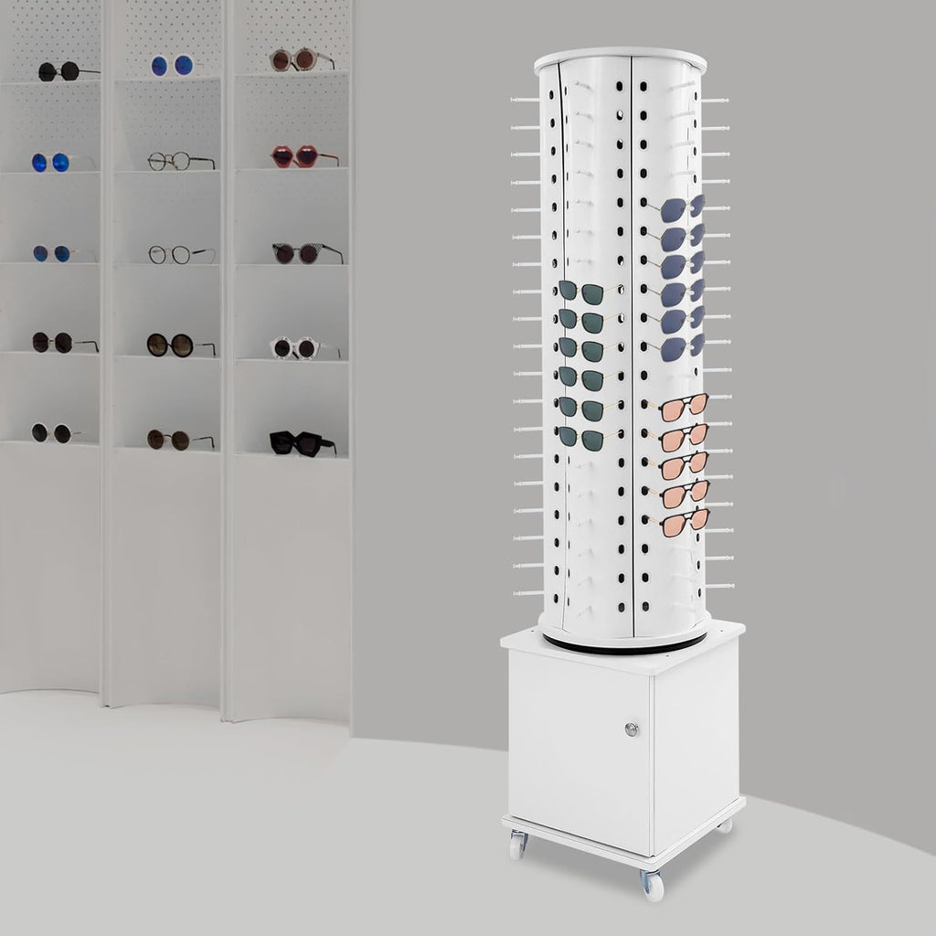 Glasses Display Stand, 114-Pair Eyewear Storage Rack for Sunglasses & Reading Glasses, 360°Swivel Commercial Eyeglass Organizer for Optical Shop, Jewelry Store, Retail Display (White)