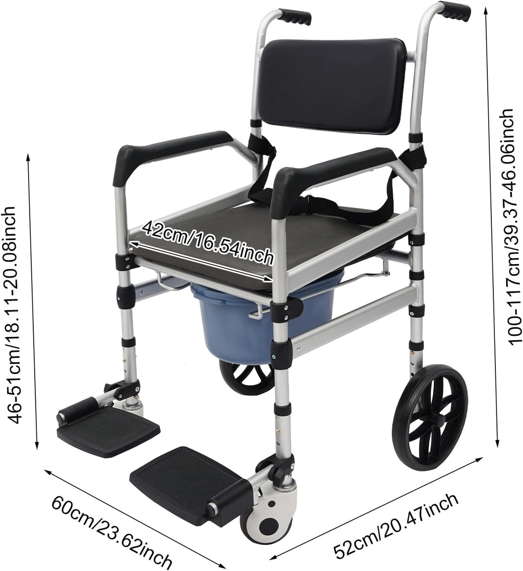 Foldable Shower Chair with Wheels, Rolling Shower Wheelchair Bedside Commode Chair with Arms, Portable Height Adjustable Bathroom Shower Chair for Seniors Adult Disabled (O-Shaped, with Sofa Cushion)