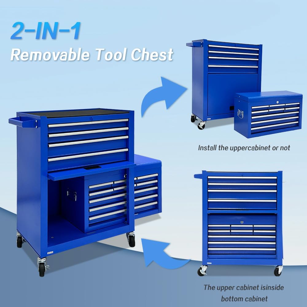13-Drawer Rolling Tool Chest, 2-in-1 Heavy Duty Detachable Storage Cabinet with Lockable Wheels & Removable Top Box, 600 lbs Capacity for Mechanics, Garage Workshop (Blue)