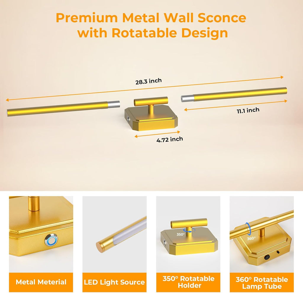 GvvooHome Battery Operated Wall Sconce Detachable 360°Rotate, Wireless Wall Lamp 3000-6500K Dimmable, 10000mAh Rechargeable Wall Light for Bedroom, Living Room，28.3' Black Gold 4 Pack