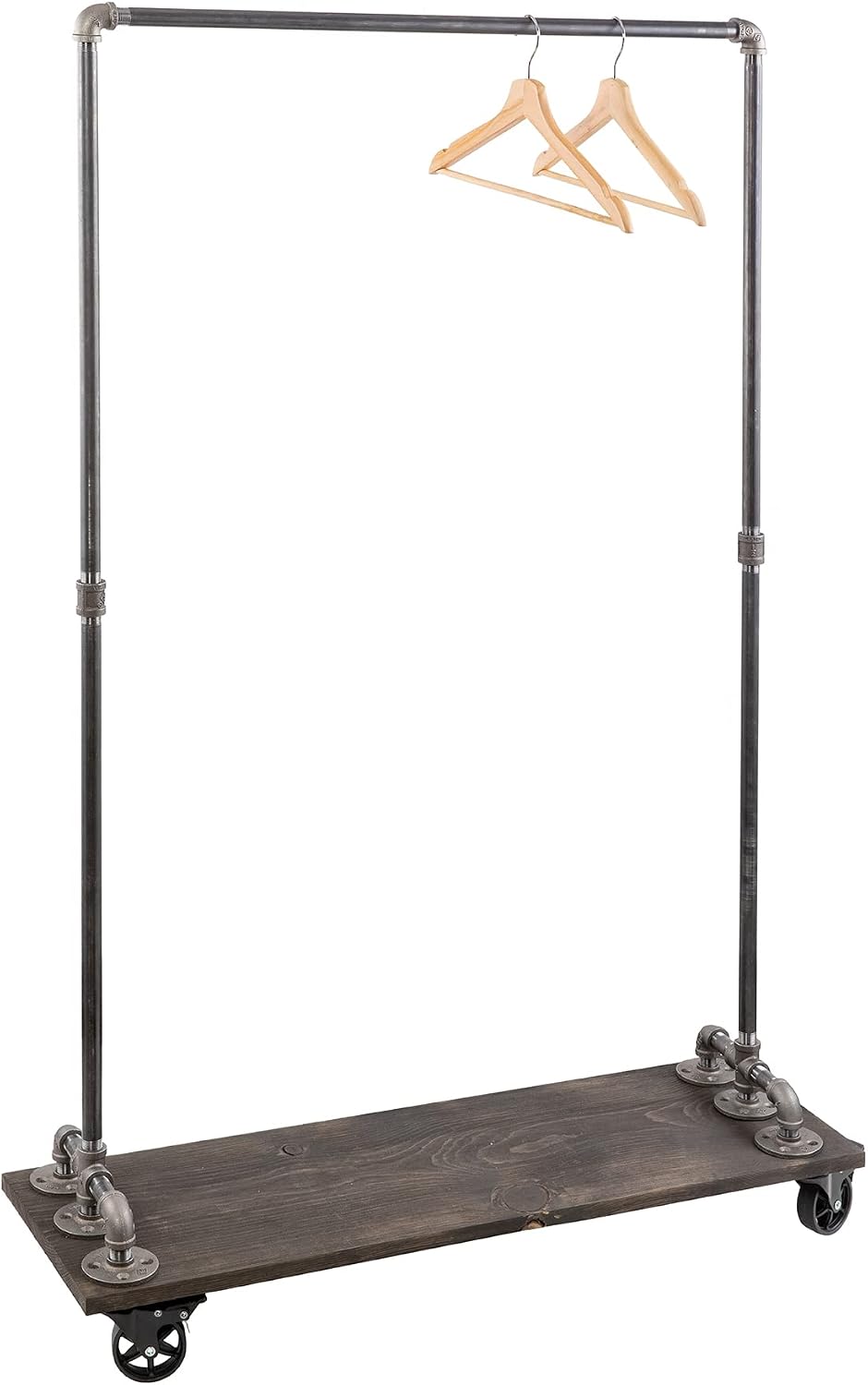 PIPE DECOR 36' x 11 ½' x 59 ½' Rolling Steel Pipe Clothing Rack with Wood Shelf, Commercial or Residential Industrial Clothes Display, Heavy Duty Black Steel Metal Wheeled Garment Frame