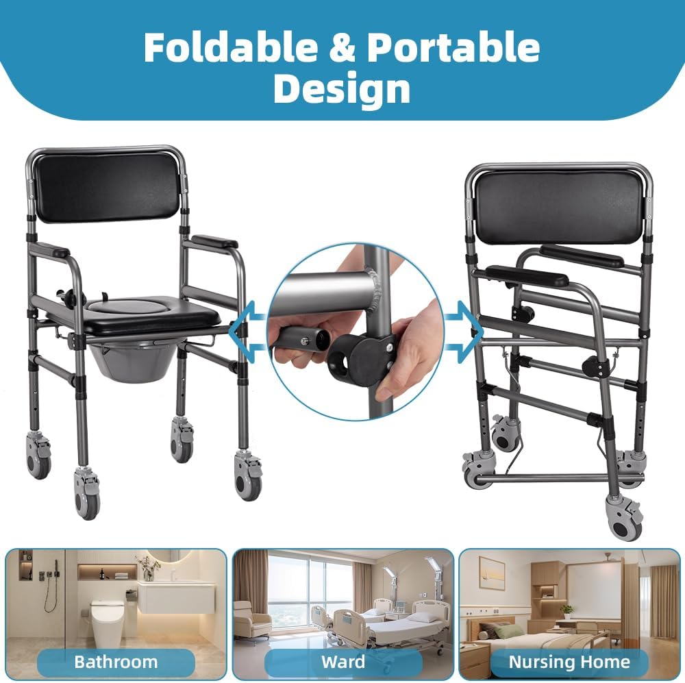 Bedside Commode Chair for Seniors, 3-in-1 Foldable Toilet Chair Wheels 400lbs Heavy Duty, Adjustable Shower Chair PU Seat Backrest, Portable Commode Elderly Disabled, Toilet-Round